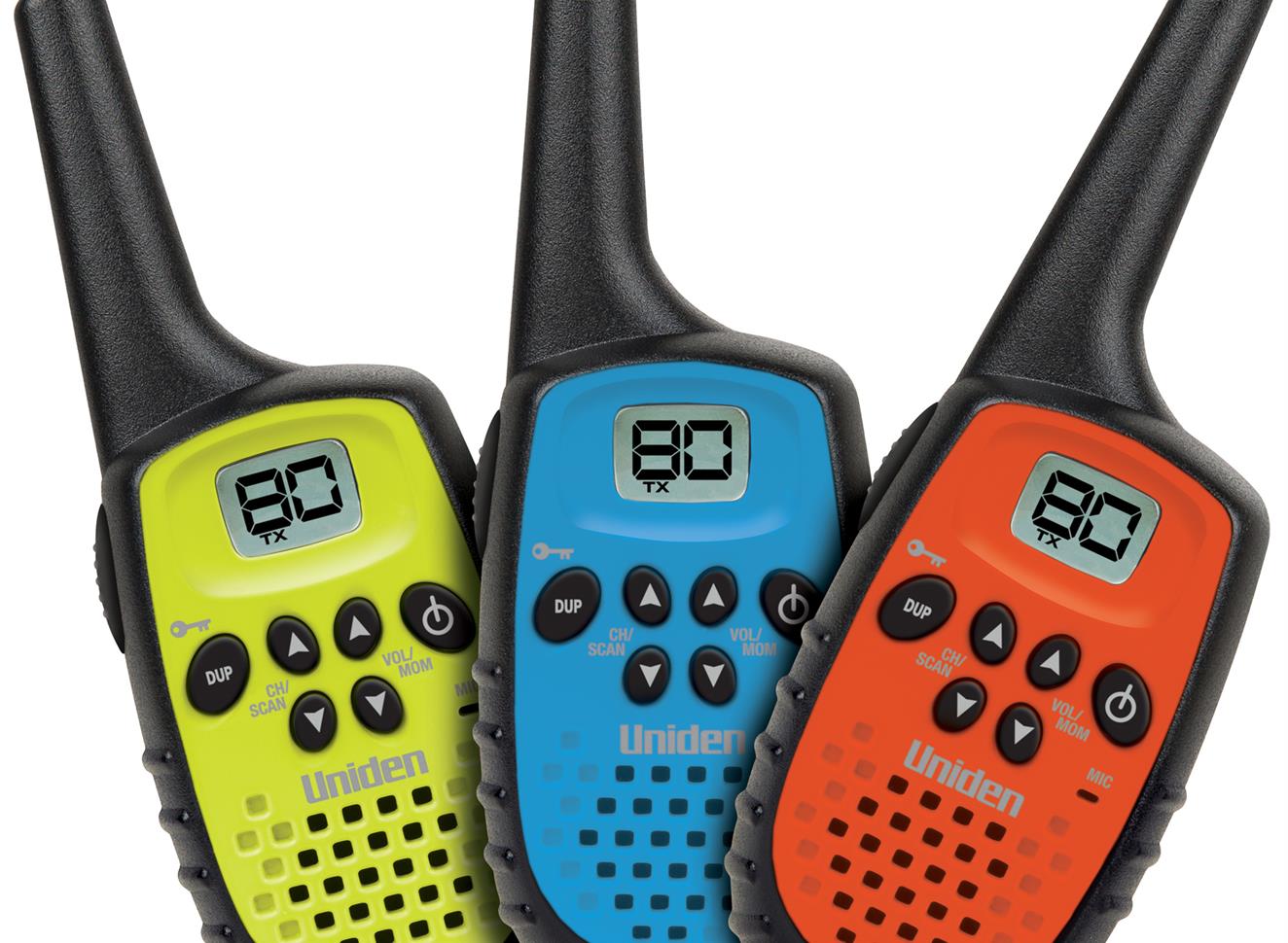 Uniden 80 Channel Mini Compact UHF Handheld Radios -Triple Colour Pack