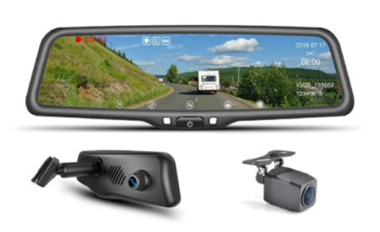 9.66” High definition streaming media mirror monitor with built in dual dashcams
