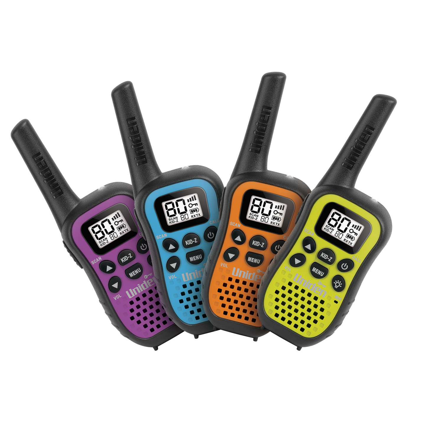 Uniden 80 Channel UHF CB Handheld Radio (Walkie-Talkie) with Kid Zone -Quad Colour Pack